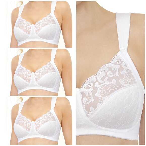 Set Of 3! 38F Glamorise SOFT SHOULDERS Bra (WIDE-STRAPS) Wireless LACE WHITE NEW - Picture 1 of 12